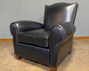 1920's Inspired Camel Back Club Chair in Black Aniline Leather Made to Order in 3 Weeks