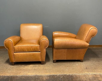 Pair of 1920's Inspired Parisian Scroll Back Club Chairs in Aniline Leather Made to Order in 3 Weeks