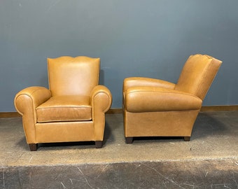 Pair of 1920's Inspired Mustachio Back Club Chairs in Aniline Leather Made to Order in 3 Weeks