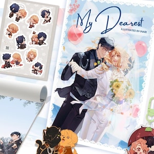 May include: A set of illustrated merchandise featuring a couple in various poses. The set includes a sticker sheet, a charm, a keychain, a coaster, a notebook, and a print. The notebook cover features the text "My Dearest Illustrated by Inari".