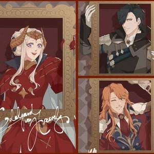 APOSENTADORIA: FE3H - Cartão-postal com moldura do trio Adrestian [Edelgard, Hubert, Ferdinand]