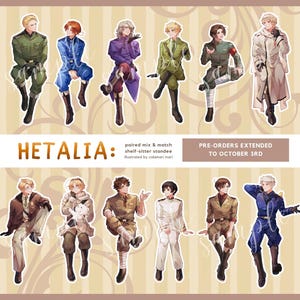 May include: A collection of twelve anime-style character standees featuring various figures in military-inspired uniforms. The text reads HETALIA: paired mix & match shelf-sitter standee illustrated by calamari inari and PRE-ORDERS EXTENDED TO OCTOBER 3RD.