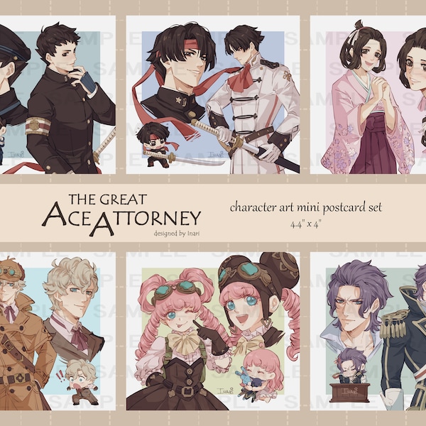 The Great Ace Attorney - Character Art Mini Postcard Set: Ryunosuke, Kazuma, Susato, Herlock, Iris, Barok