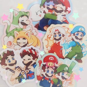 Könnte beinhalten: Eine Sammlung farbenfroher Aufkleber mit verschiedenen Illustrationen von Mario und Luigi aus der Videospielserie Super Mario Bros. Die Aufkleber zeigen die Charaktere in verschiedenen Outfits und Posen, mit einer Vielzahl von leuchtenden Farben und Designs.