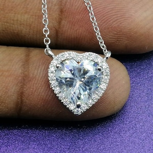 Moissanite Diamond Pendant 2.50Ct Heart Cut Halo Moissanite Pendant 14k White Gold Pendant Heart Shape Pendant Necklace with Chain