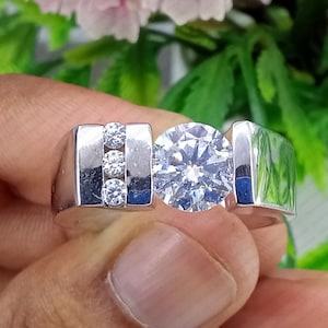 Moissanite Men&#39;s Ring: Sterling Silver Engagement Band, Round Cut