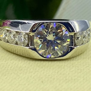 Mens Moissanite Wedding Band Ring 3ct Brilliant Moissanite, Mens Ring 14k White Gold Plated Sterling Silver Engagement ring for Men