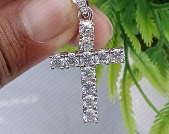 Lab Grown Diamond Cross Pendant: 3.2CT Round Cut, 14k White Gold Religious Jewelry