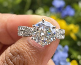 Round Moissanite Engagement Ring 6 Prong 14K White Gold Silver 2 Row Pave Solitaire