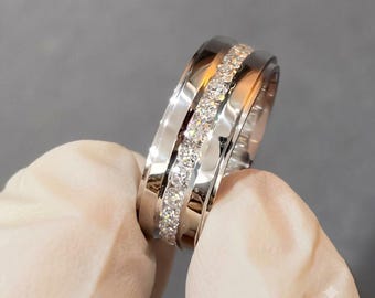 Round Cut Moissanite Mens Wedding Band 14K Gold Plated 925 Silver Grooved Channel Ring