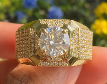 Mens Moissanite Signet Ring 14K Gold Plated Silver Square Halo Iced Out Pinky Ring