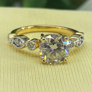 Moissanite Vintage Engagement Ring 1.2ctw Round Cut Moissanite Anniversary Ring 14K Yellow Gold bridal solitaire wedding ring
