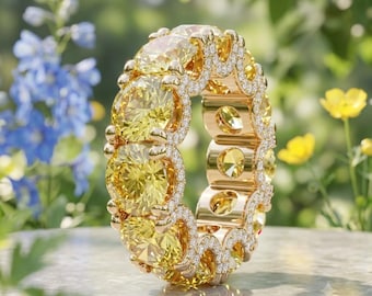 5.5CT Round Cut Yellow Citrine Diamond Wedding Eternity Band In 14K Gold Plated 925 Ring