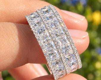 Princess Cut Moissanite Multi Row Eternity Band 14K White Gold Plated 925 Silver Ring