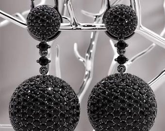 2.80TCW Round Full Black Moissanite Dangle Drop Ball Earrings 925 Silver Orb Drop