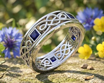 1 TCW Princess Cut Blue Sapphire Mens Celtic Knot Wedding Band 14K Gold Plated 925 Ring