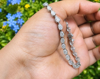 Pear Cut Moissanite Tennis Bracelet 14K White Gold Plated Silver Teardrop Bridal Chain