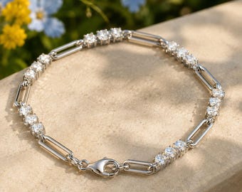 4mm Round Moissanite Lab Diamond Paperclip Station Bracelet 960 Argentium Silver 925 Sterling Silver Tennis Link Chain Gift For Women
