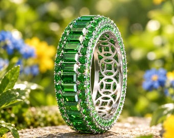 Green Emerald Baguette Cut Eternity Band 14K Gold Plated 925 Silver Wedding Ring Women