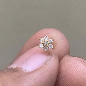 18K Gold Flower Diamond Nose Pin Flat Back Threadless Push Stud Piercing Ring bild 10