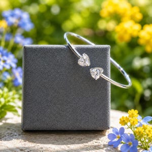 2.5CT Heart Cut Moissanite Open Cada Bangle In 14K White Gold Plated Silver Finsish