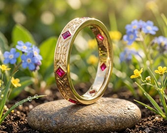 1.29TCW Princess Cut Pink Ruby Filigree Band 14K Gold Plated 925 Silver Vintage Ring