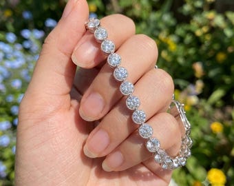 Round Cut Moissanite Bezel Tennis Bracelet 14K White Gold Plated 925 Silver Women Chain
