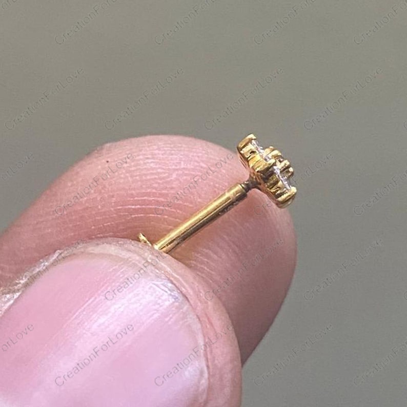 18K Gold Flower Diamond Nose Pin Flat Back Threadless Push Stud Piercing Ring bild 11