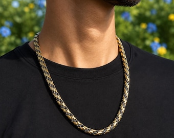 Mens Black Moissanite Rope Chain Necklace 14K Gold Plated Silver Hip Hop Franco Chain
