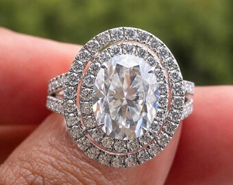2CT Oval Moissanite Double Halo Engagement Ring 925 Sterling Silver Split Shank Ring