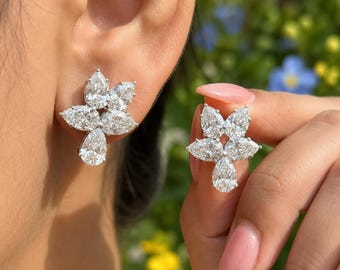 5TCW Pear Certified Moissanite Floral Stud Earrings 14K White Gold Plated Silver Bridal Cluster