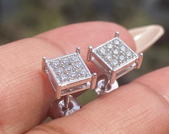 Square Moissanite Cluster Stud Earrings 925 Sterling Silver Hip Hop Mens Earrings