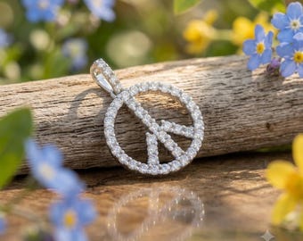 Moissanite Peace Sign Pendant Necklace 14K White Gold Plated 925 Silver Hip Hop Chain Men