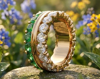 3.60TCW Round Cut Green Emerald Moissanite Wedding Band 14K Gold Plated 925 Silver Ring
