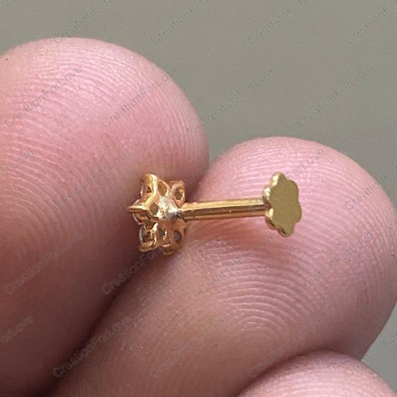 18K Gold Flower Diamond Nose Pin Flat Back Threadless Push Stud Piercing Ring bild 4