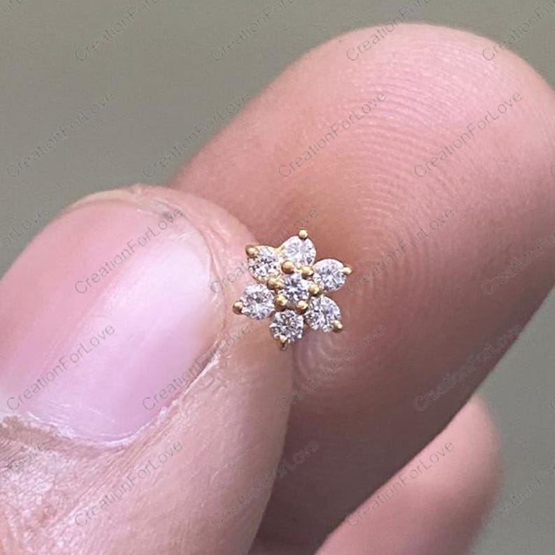 18K Gold Flower Diamond Nose Pin Flat Back Threadless Push Stud Piercing Ring bild 5