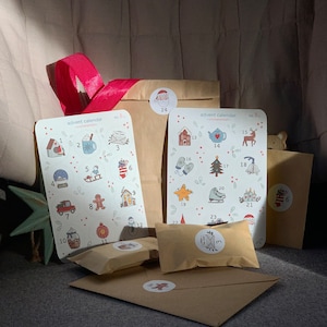 Advent calendar sticker sheets with 24 numbers and 24 cute illustrations