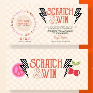 May include: A digital template for a scratch-off card with a checkered background. The text "Scratch & Win" is in red and black with a lightning bolt and checkered flag graphic. The text "Hat Bar Scratch Off Templates" is in black. The text "Instant Download" is in black. The text "BeautyMarketer" is in black.