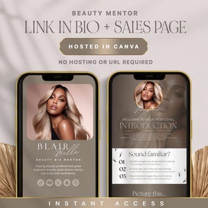 Könnte beinhalten: Zwei Smartphones mit goldenen Rahmen zeigen die Verkaufsseite eines Beauty-Mentors. Das erste Telefon zeigt eine Frau mit blonden Haaren, den Text "Blair Belle" und Social-Media-Icons. Das zweite Telefon hat den Text "Welcome to your next level introduction."