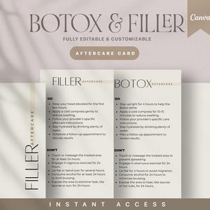 Cartão de cuidados posteriores ao Botox, Mini modelos para injetáveis, Design editável para MedSpa, Modelos editáveis para impressão para cuidados pós-beleza estética
