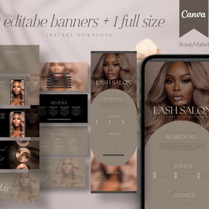 Puede incluir: Nueve banners editables y un banner de tama&ntilde;o completo para un sal&oacute;n de pesta&ntilde;as. Los banners son de un esquema de color marr&oacute;n neutro con texto negro y una foto de una mujer con cabello largo y oscuro. El texto en los banners incluye "Lash Salon", "Reservas", "Opiniones", "Servicios", "Touch", "Pouch", "S&iacute;gueme", "Especial de mayo" y "The Lash Salon".