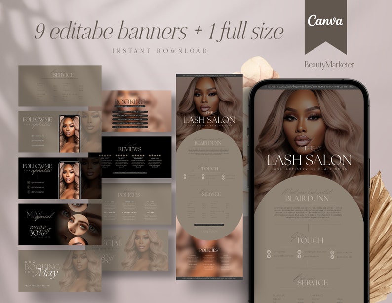 Puede incluir: Nueve banners editables y un banner de tama&ntilde;o completo para un sal&oacute;n de pesta&ntilde;as. Los banners son de un esquema de color marr&oacute;n neutro con texto negro y una foto de una mujer con cabello largo y oscuro. El texto en los banners incluye "Lash Salon", "Reservas", "Opiniones", "Servicios", "Touch", "Pouch", "S&iacute;gueme", "Especial de mayo" y "The Lash Salon".