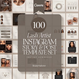 100 Lash Artist Instagram Posts | Lash Tech Branding | Lash Tech Post Set | Lash Extension Post Set | Social Media Flyers | Canva Templates