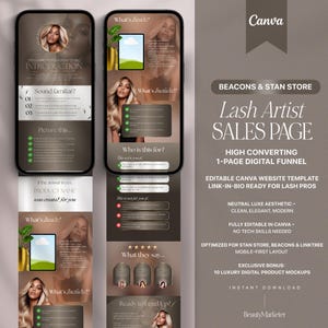 Beacons, Stan Store Lash Trainer Lash Sales Page Template High-Converting Editable Canva Luxe Minimalist Design for Digital Products DWA UBC