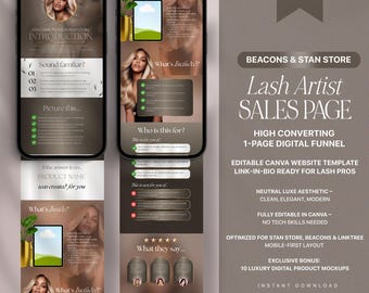 Beacons, Stan Store Modèle de page de vente de cils formateurs de cils Canva éditable à haute conversion Design minimaliste de luxe pour produits numériques DWA UBC