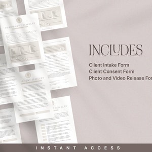 Może przedstawiać: Zestaw drukowanych formularzy dla firmy jubilerskiej. Formularze obejmują formularz rejestracji klienta, formularz zgody klienta oraz formularz zgody na publikację zdjęć i film&oacute;w. Formularze są zaprojektowane w minimalistycznym stylu i zawierają tekst "PERMANENT JEWELRY" i "INSTANT ACCESS".