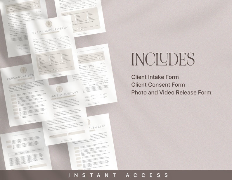 Może przedstawiać: Zestaw drukowanych formularzy dla firmy jubilerskiej. Formularze obejmują formularz rejestracji klienta, formularz zgody klienta oraz formularz zgody na publikację zdjęć i film&oacute;w. Formularze są zaprojektowane w minimalistycznym stylu i zawierają tekst "PERMANENT JEWELRY" i "INSTANT ACCESS".