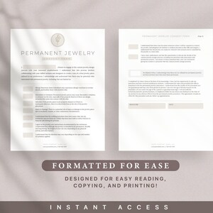 Może przedstawiać: Formular zgody na biżuterię permanentną, z sekcją dla klienta, aby potwierdził, że rozumie proces i związane z nim ryzyko. Formularz zawiera sekcję na podpis i datę klienta.