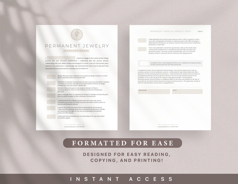 Może przedstawiać: Formular zgody na biżuterię permanentną, z sekcją dla klienta, aby potwierdził, że rozumie proces i związane z nim ryzyko. Formularz zawiera sekcję na podpis i datę klienta.