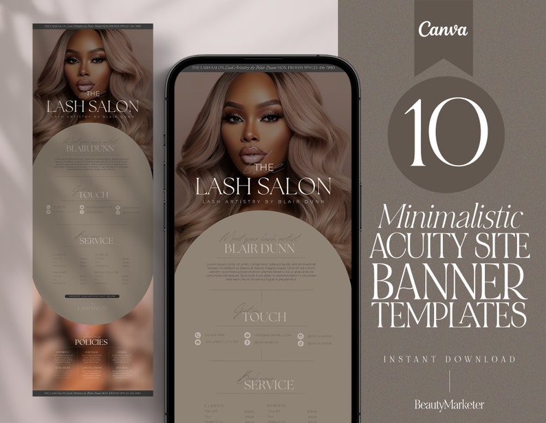 Puede incluir: Diez plantillas de banner minimalistas para un sitio web de Acuity, con un fondo marr&oacute;n y texto blanco. El texto dice "10 Plantillas de banner minimalistas para un sitio web de Acuity Descarga instant&aacute;nea BeautyMarketer".